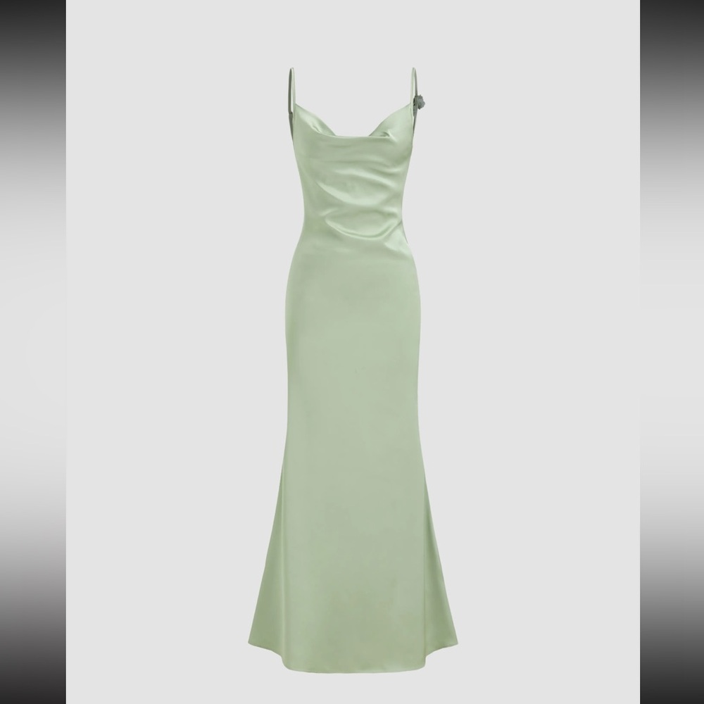 Cider SATIN COWL NECK 3D FLORAL RUCHED MERMAID MAXI DRESS NWT